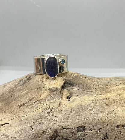 Stunning blue sea glass ring with blue Topaz UK size R1/2