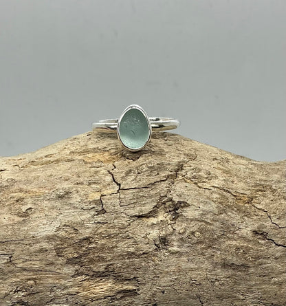 Pale green oval sea glass ring UK size T