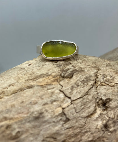 Light olive green sea glass ring UK size O1/2