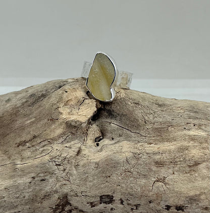 Rare yellow Scottish sea glass ring UK size N