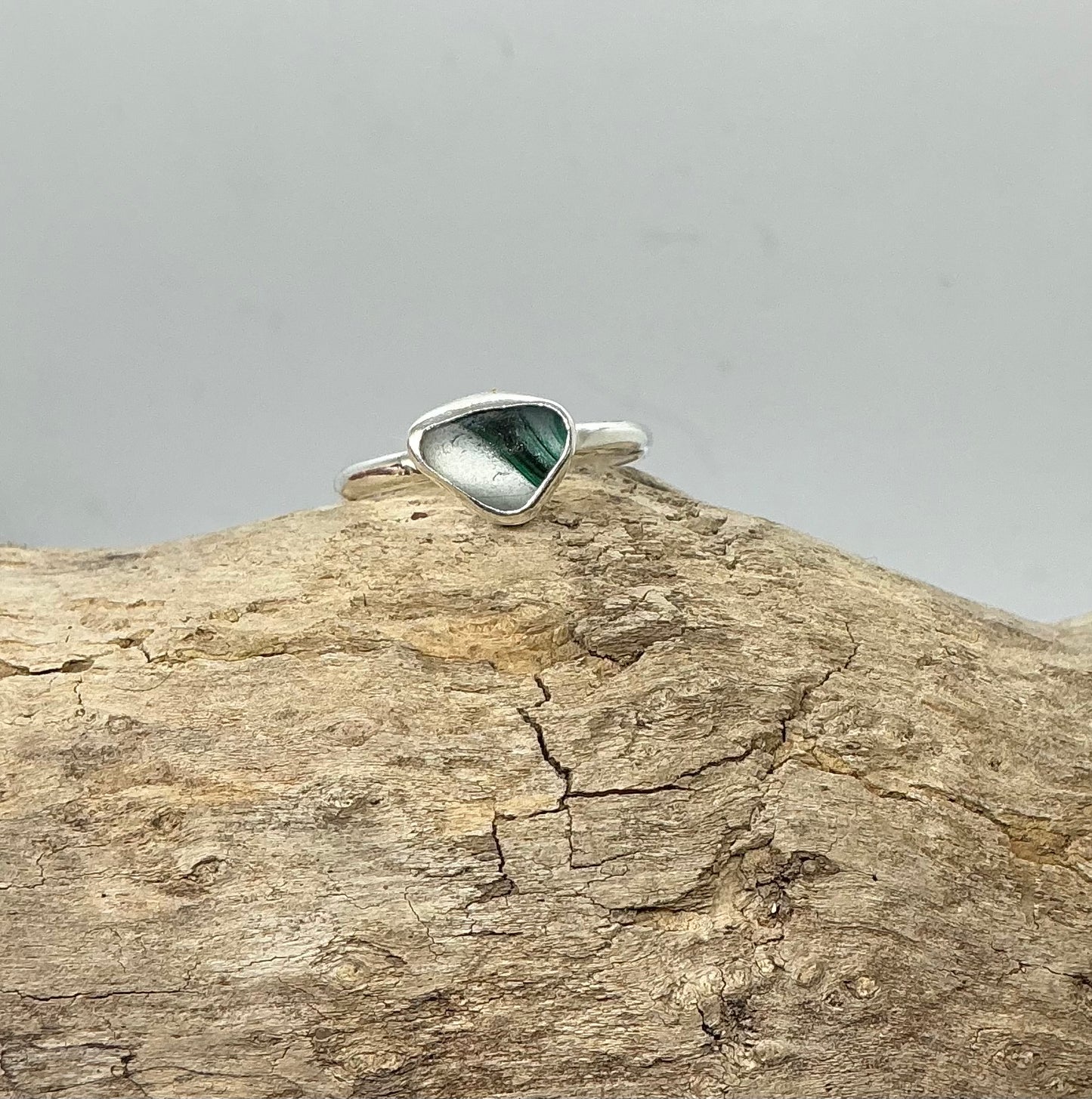 Rare green and white multi sea glass ring UK size Q