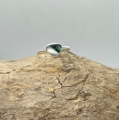 Rare green and white multi sea glass ring UK size Q