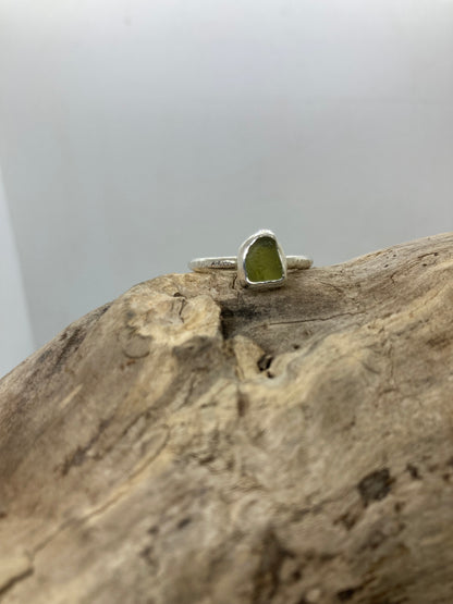 Olive Yellow Sea glass ring UK size Q1/2