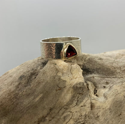 Garnet trillion 9 carat gold and sterling silver ring UK size Q