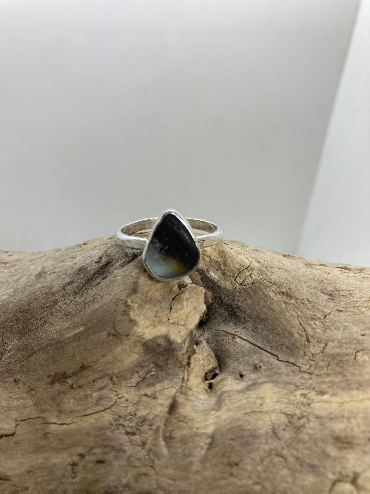 Brown and white multi Sea glass ring UK size S
