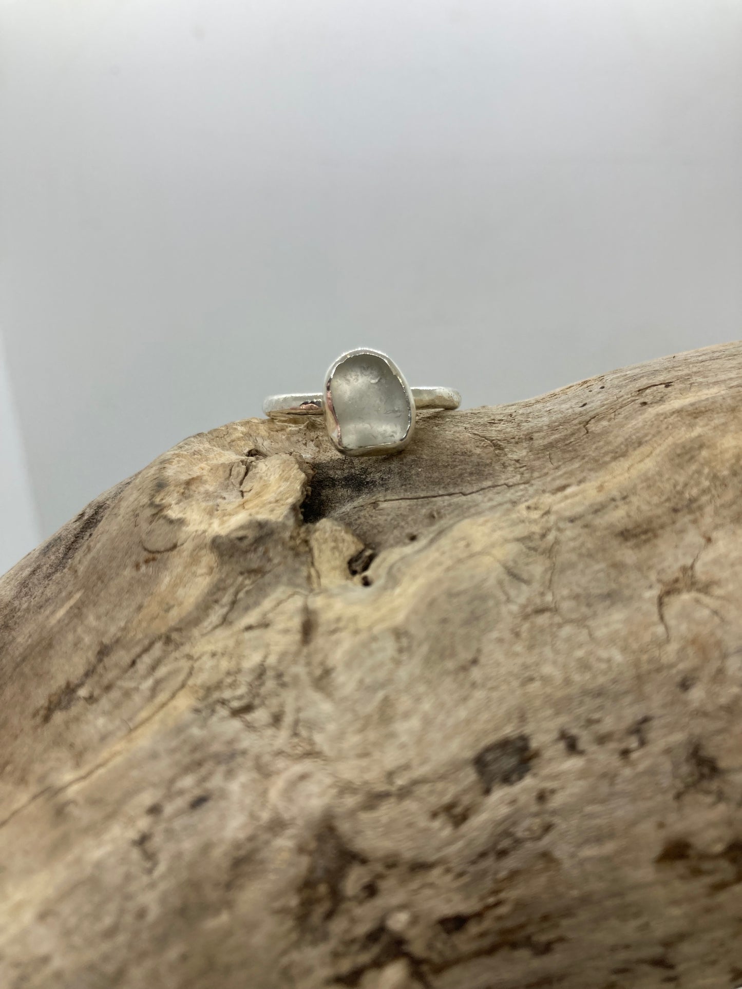 White Sea glass hammered ring UK size Q