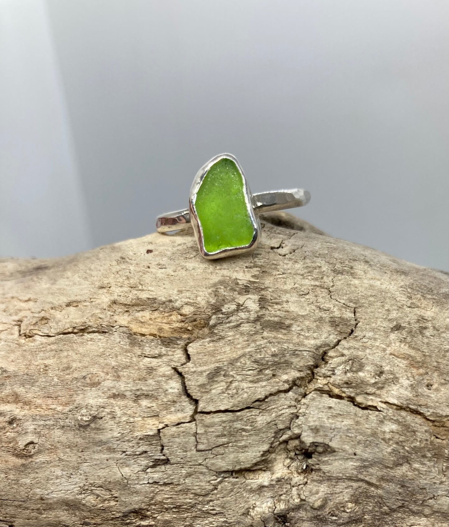 Lime green sea glass ring UK size P