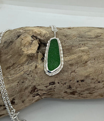 Chunky bright green sea glass pendant
