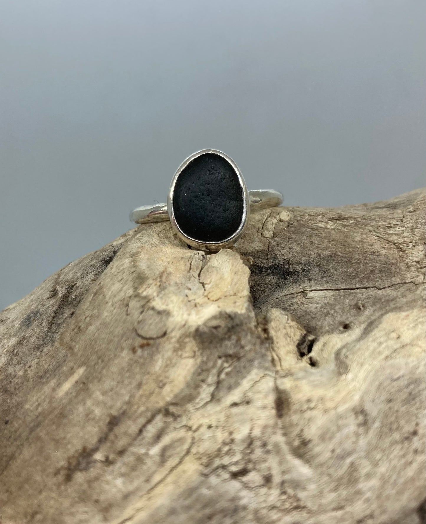 Black Sea glass ring UK Size Q