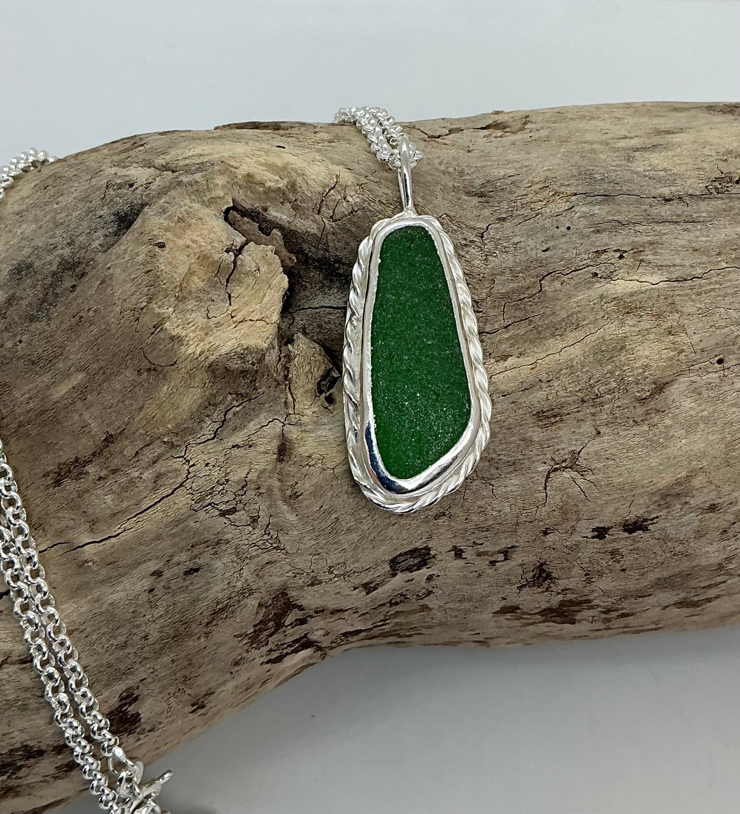 Chunky bright green sea glass pendant
