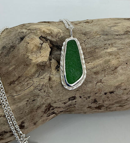 Chunky bright green sea glass pendant