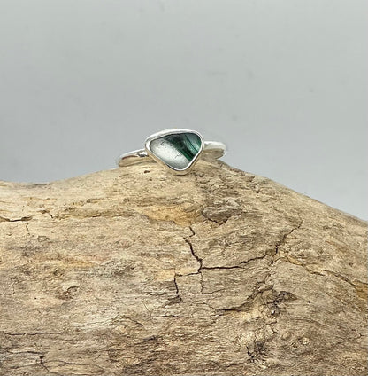 Rare green and white multi sea glass ring UK size Q