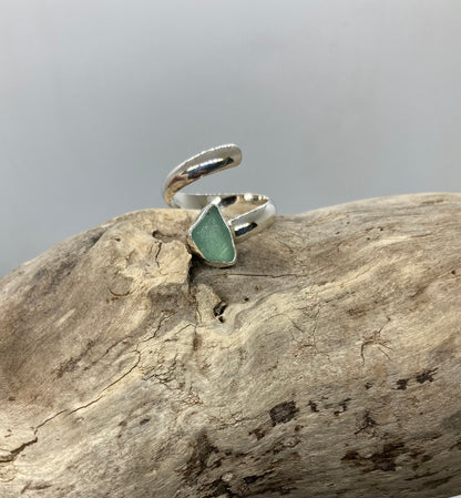 Teal grey sea glass twist ring UK size N