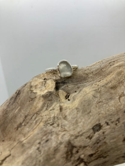 White Sea glass hammered ring UK size Q