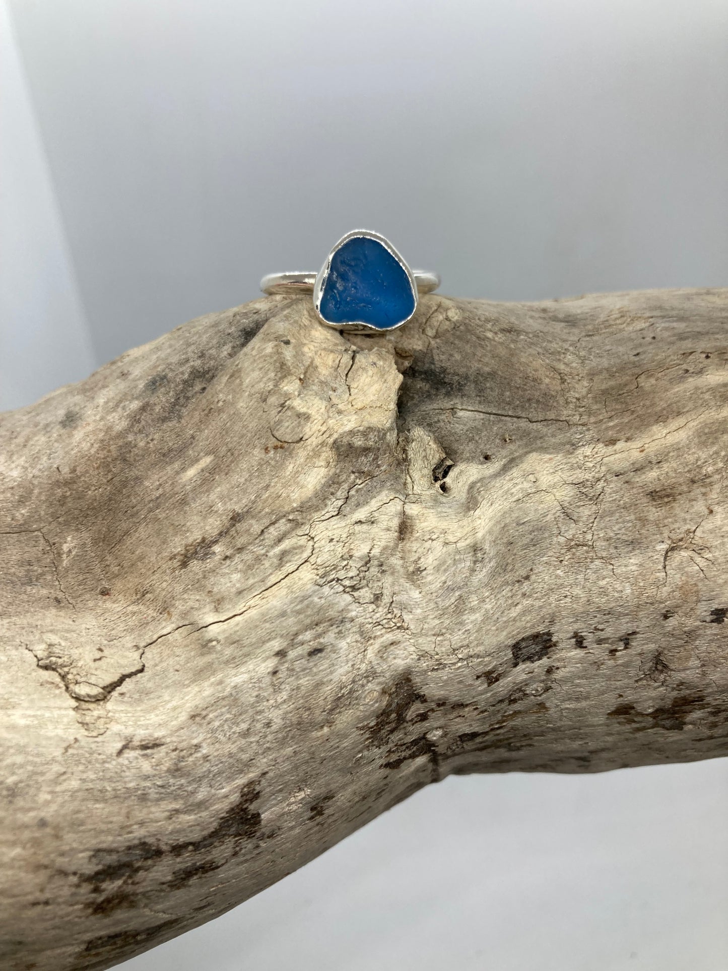 Aqua blue Seaham glass ring UK size R
