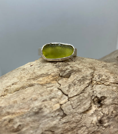 Light olive green sea glass ring UK size O1/2