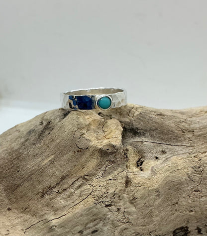 Turquoise hammered ring UK size R