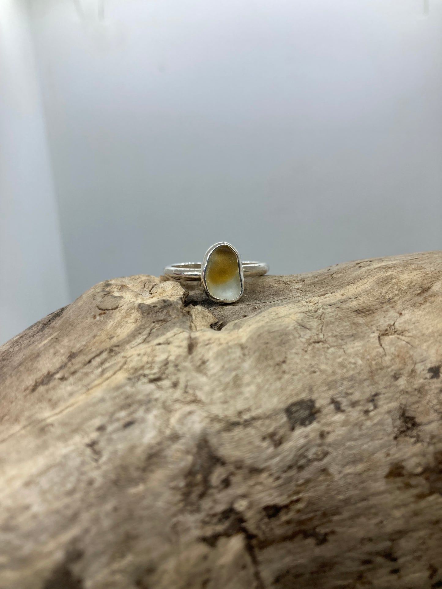 Yellow and white multi Seaham sea glass ring UK size M