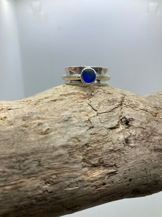 Blue sea glass spinner ring UK size T