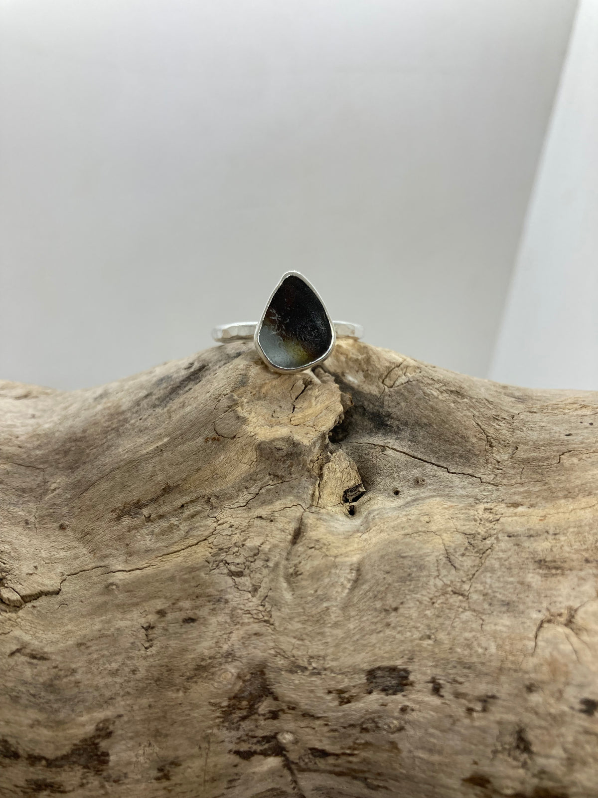 Brown and white multi Sea glass ring UK size S