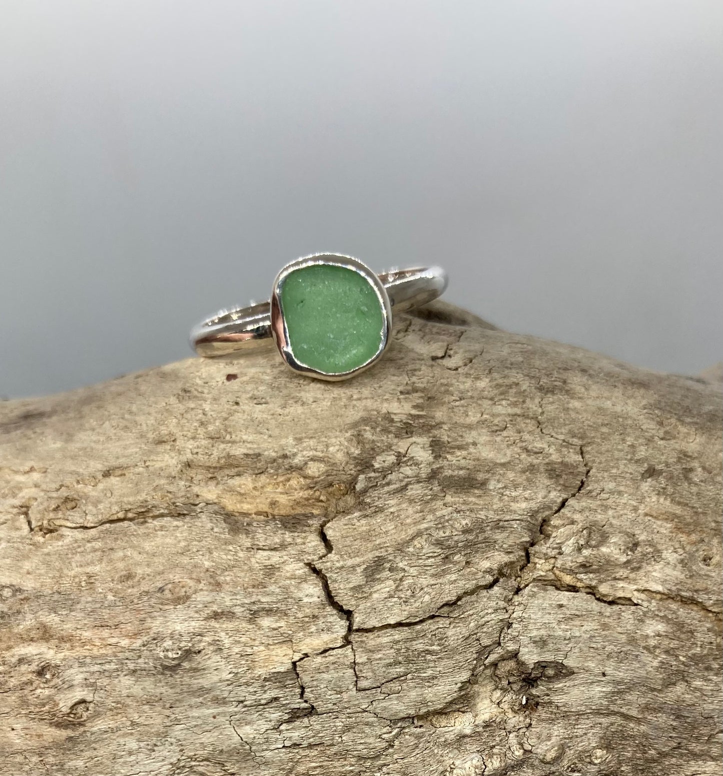 Soft green sea glass ring UK S1/2
