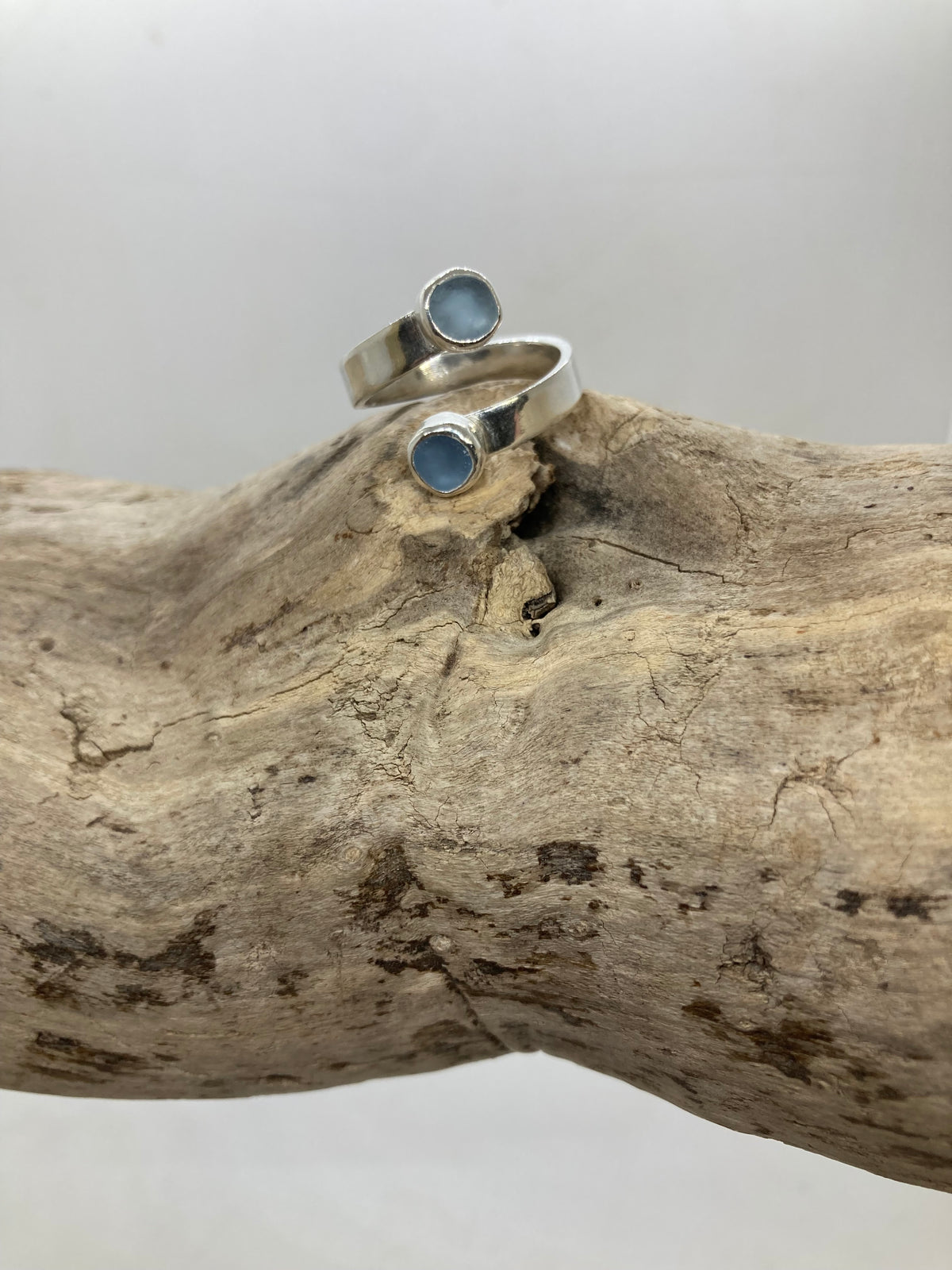 Steel blue sea glass twist ring UK size P