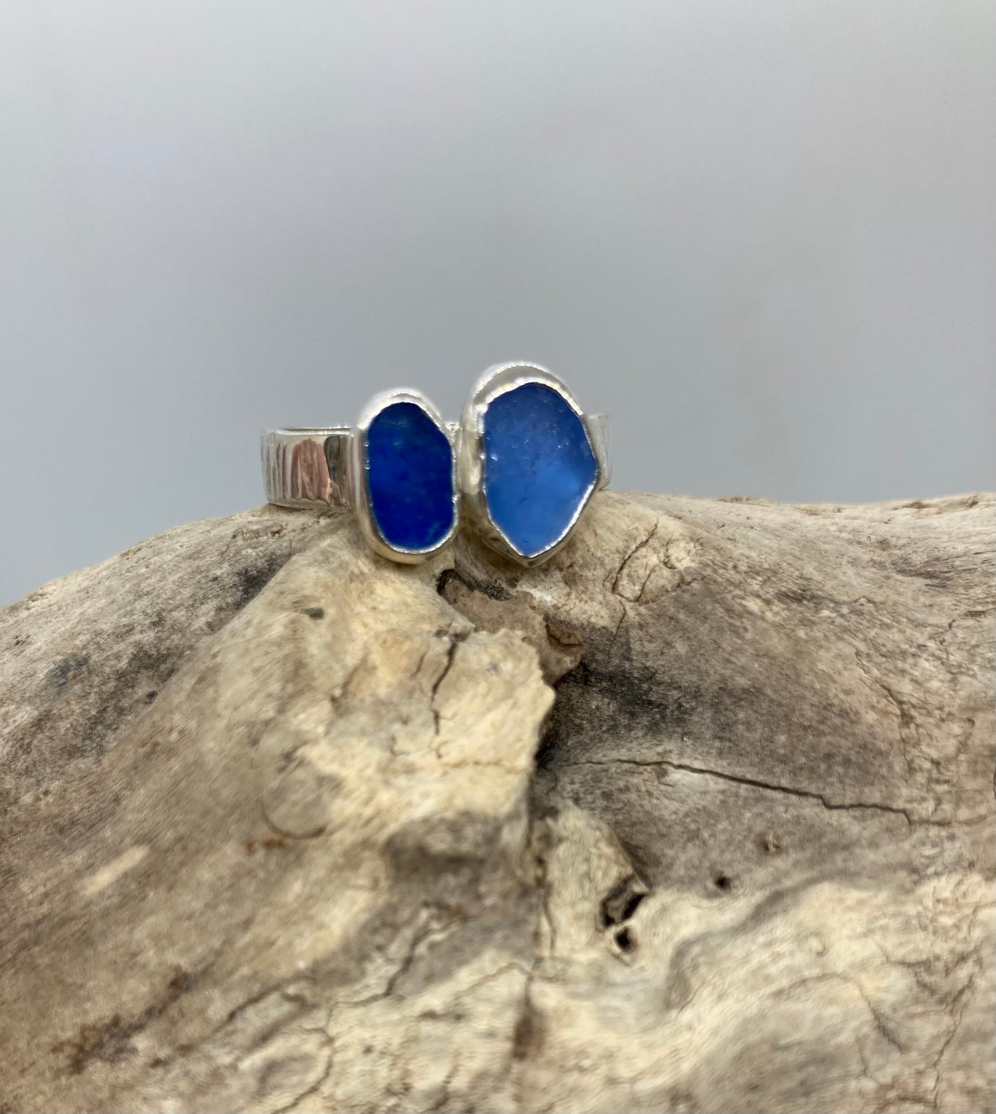 Double blue sea glass ring UK size Q