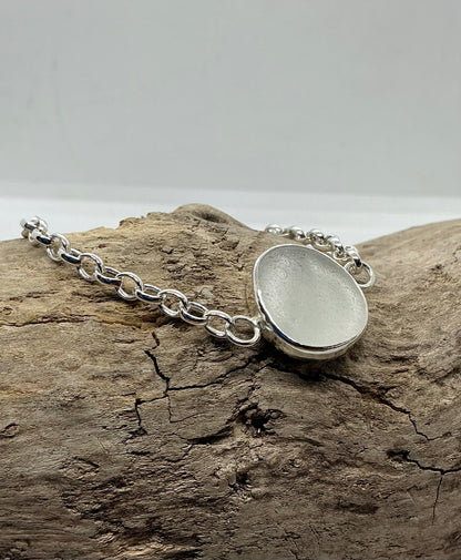 White Sea glass sterling silver chain bracelet