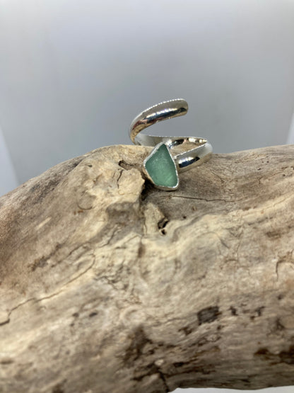 Teal grey sea glass twist ring UK size N