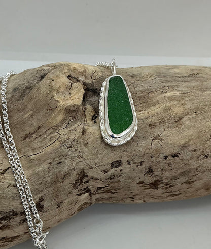 Chunky bright green sea glass pendant