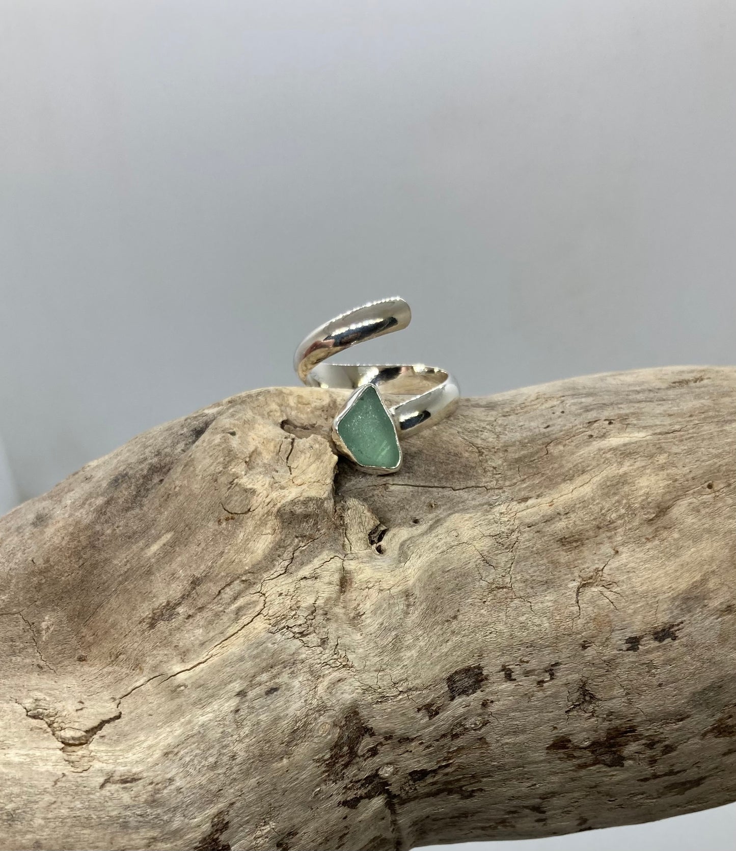 Teal grey sea glass twist ring UK size N