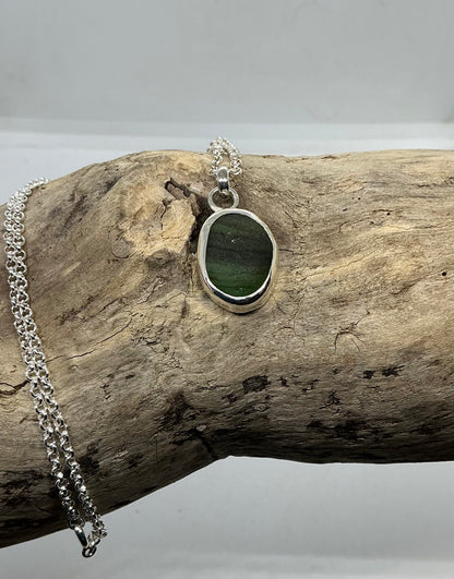 Stripy Olive green Seaham sea glass glass pendant