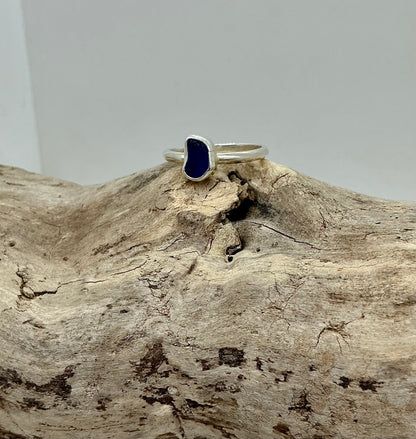 Royal blue sea glass ring UK size S1/2