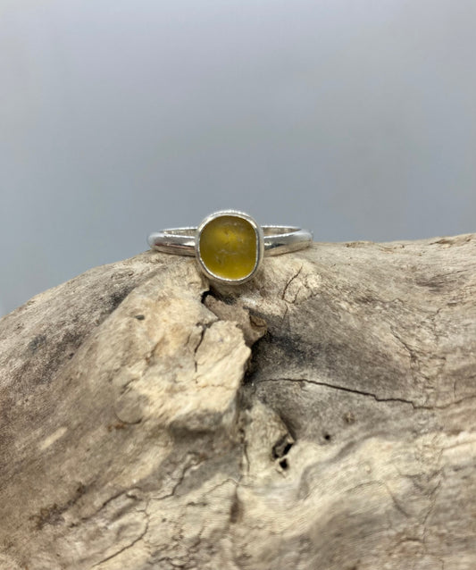 Amber sea glass ring UK size R
