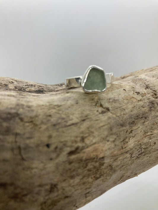 Pale sage green Seaham sea glass ring UK size S