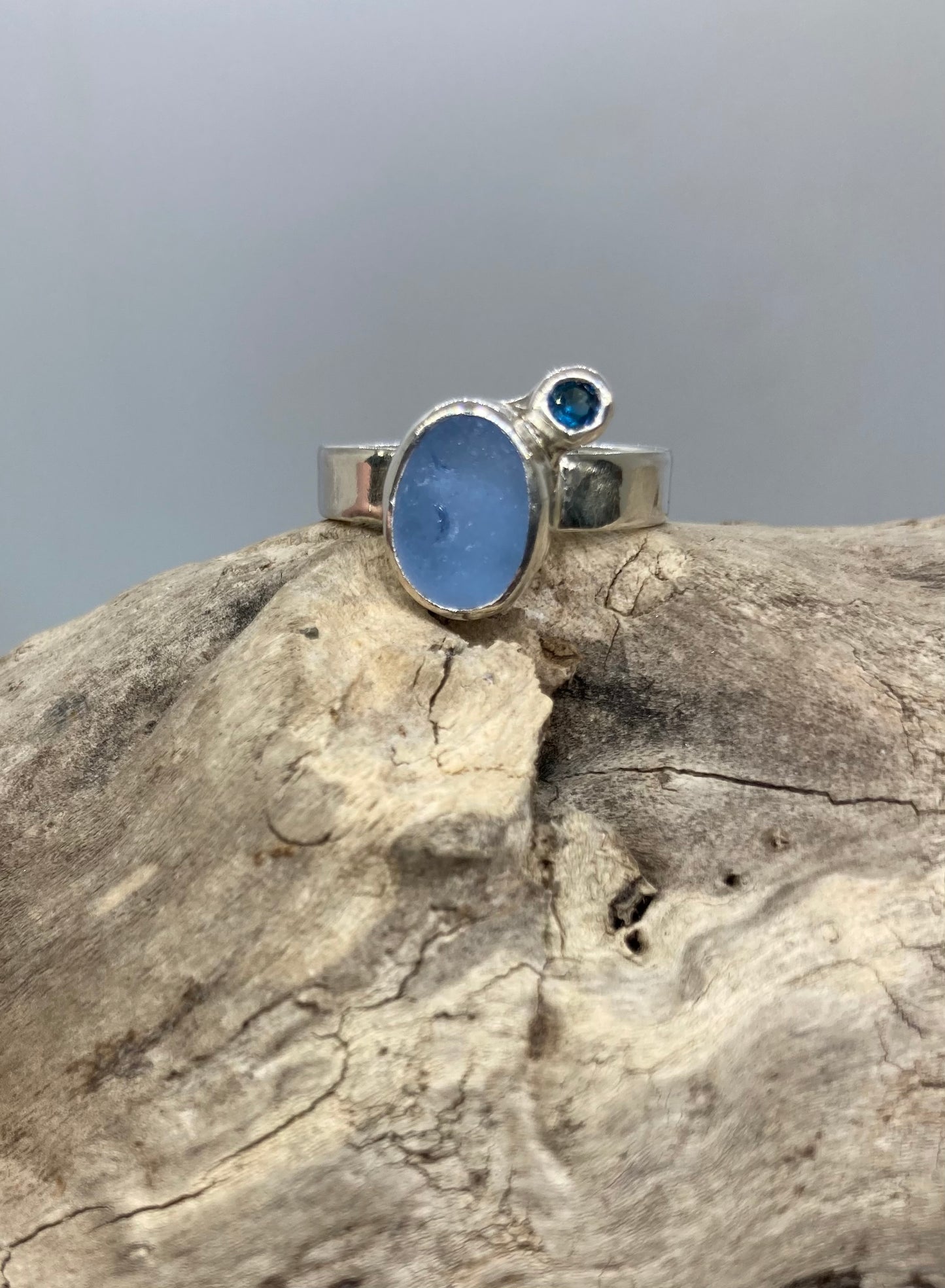 Pastel blue Seaham glass ring with London blue Topaz UK size N