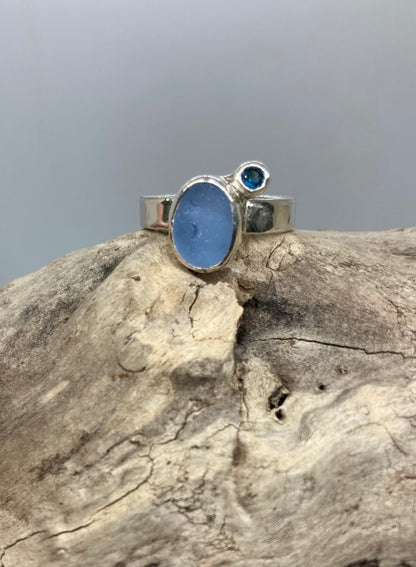 Pastel blue Seaham glass ring with London blue Topaz UK size N