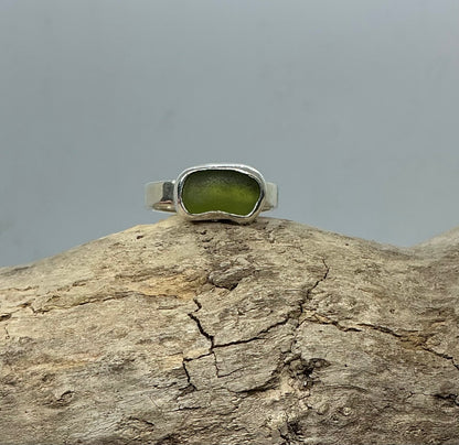 Olive green sea glass ring UK size S1/2