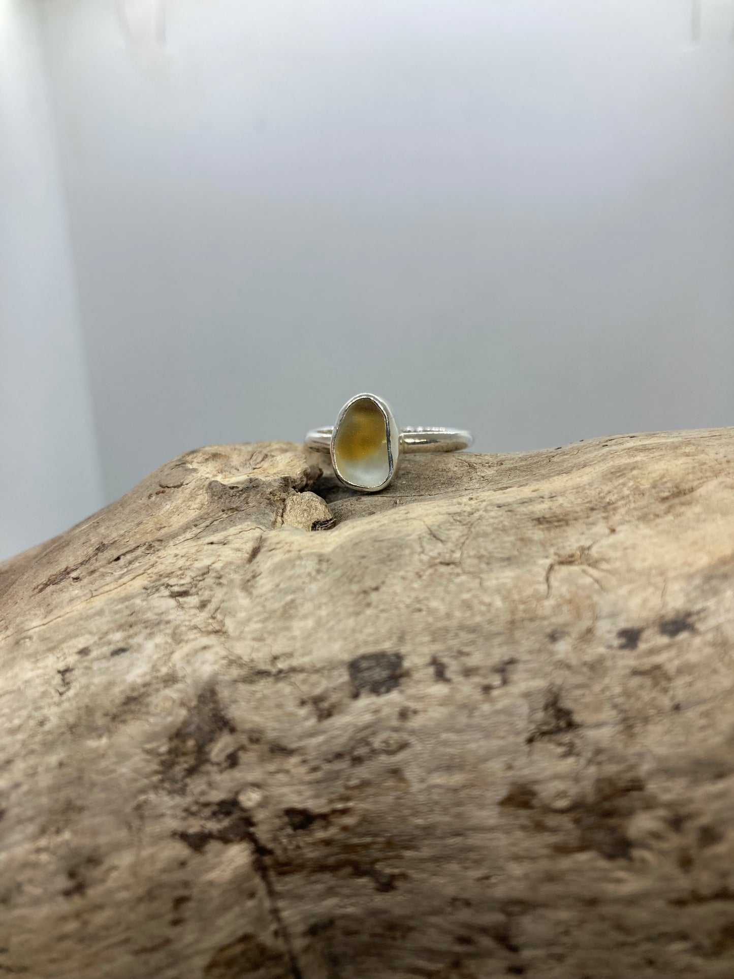 Yellow and white multi Seaham sea glass ring UK size M