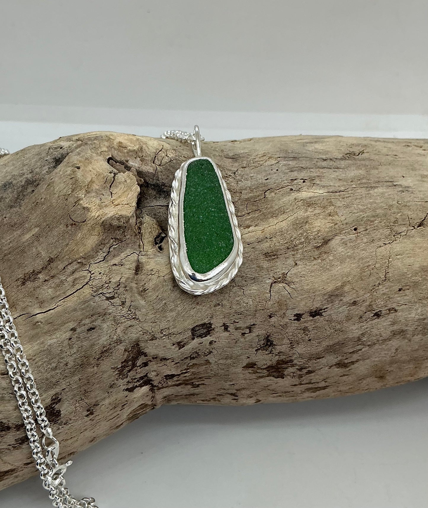 Chunky bright green sea glass pendant