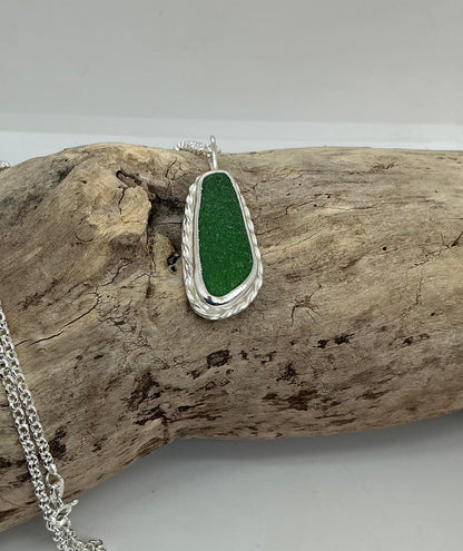Chunky bright green sea glass pendant