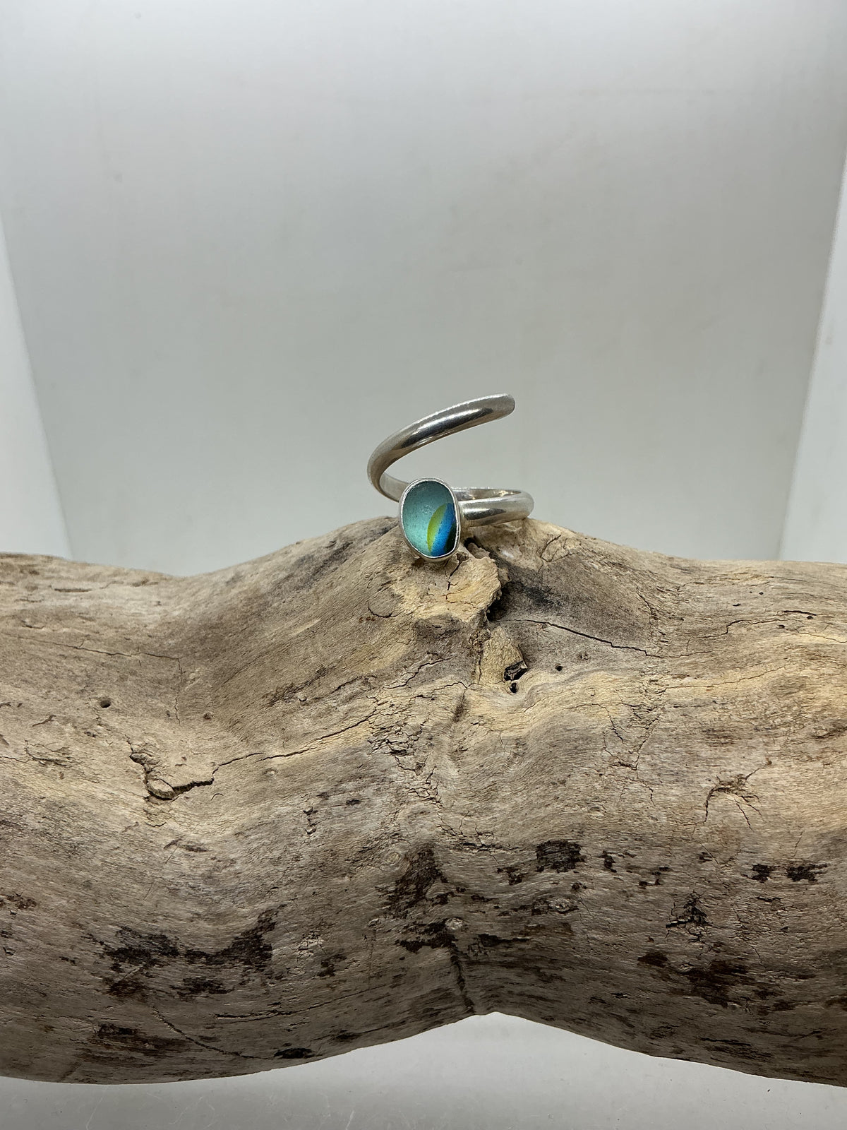 Special Blue multi sea glass twist ring UK size O