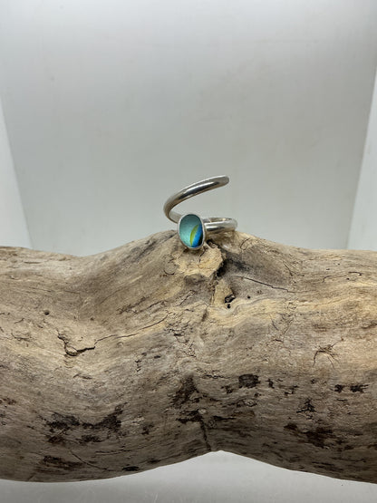 Special Blue multi sea glass twist ring UK size O