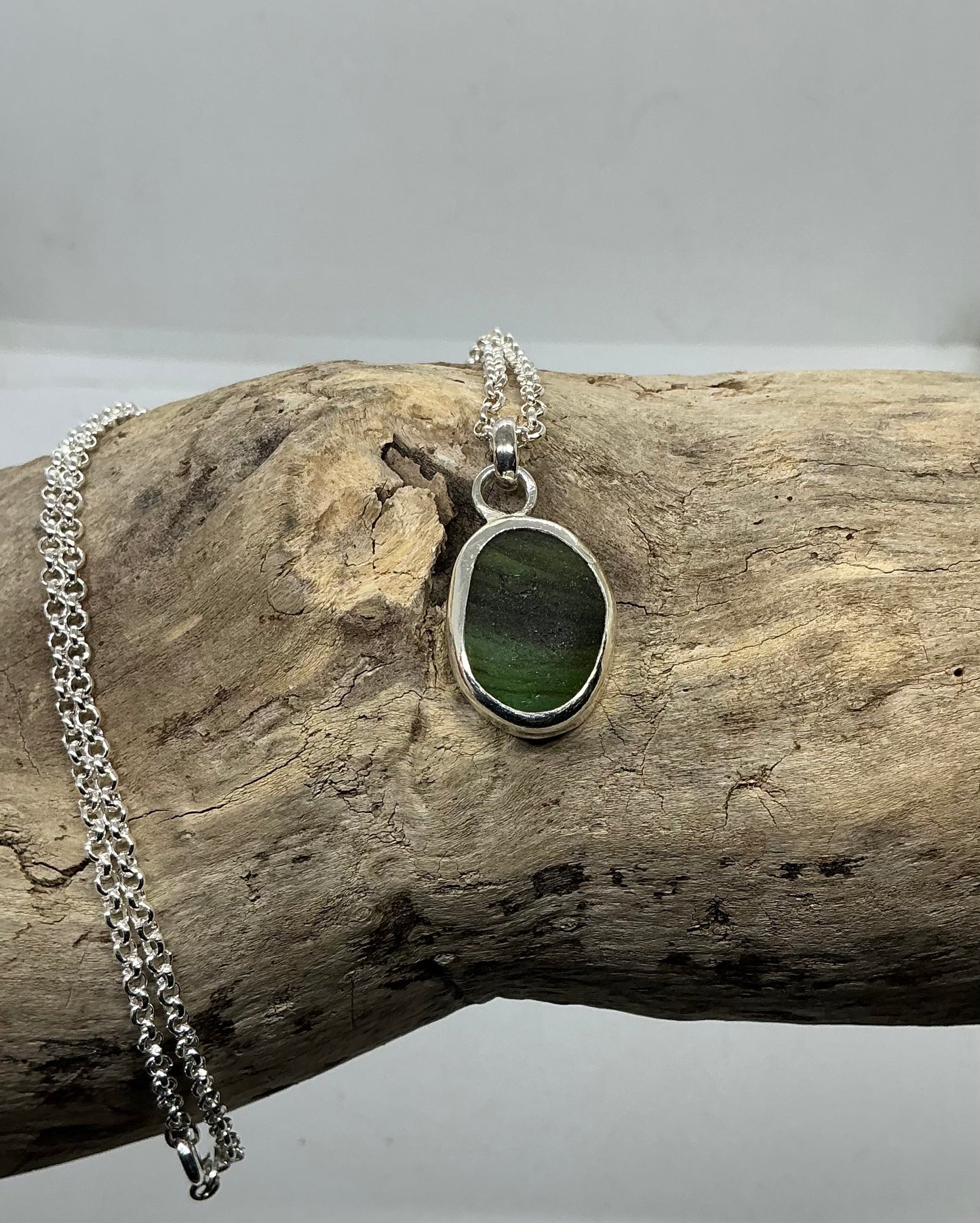 Stripy Olive green Seaham sea glass glass pendant