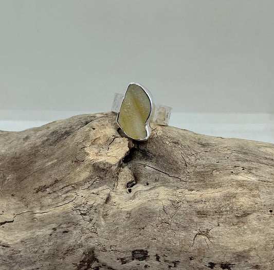 Rare yellow Scottish sea glass ring UK size N