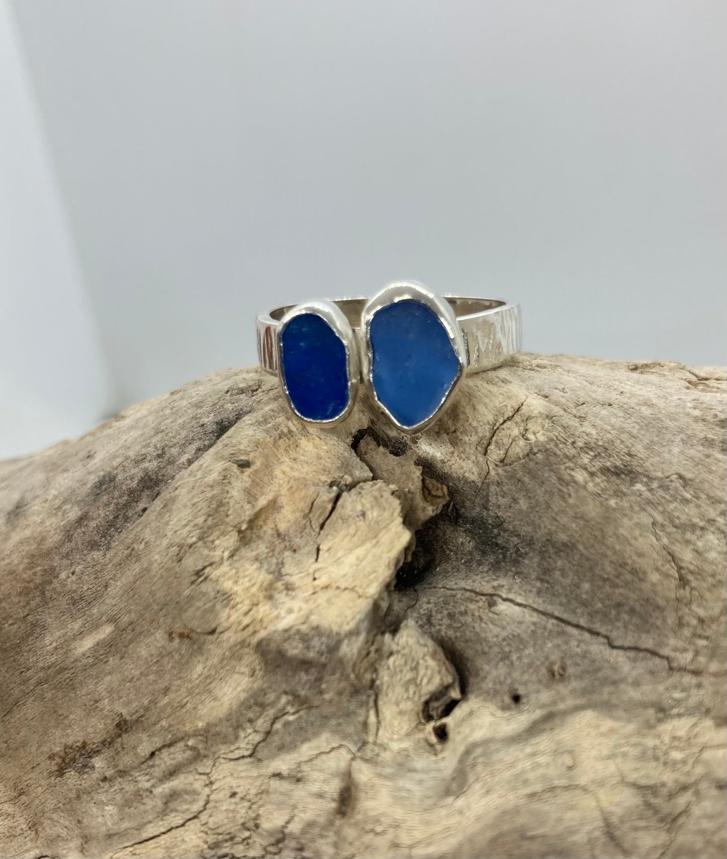 Double blue sea glass ring UK size Q