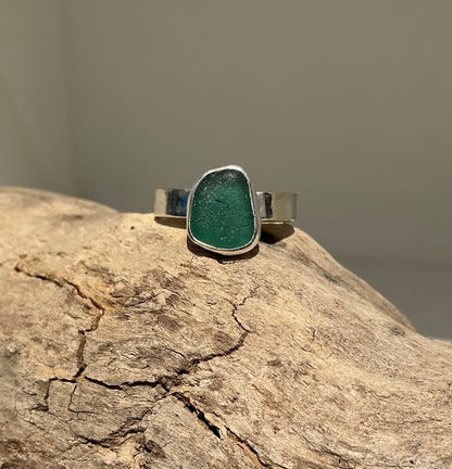 Gorgeous green Greek sea glass ring UK size N