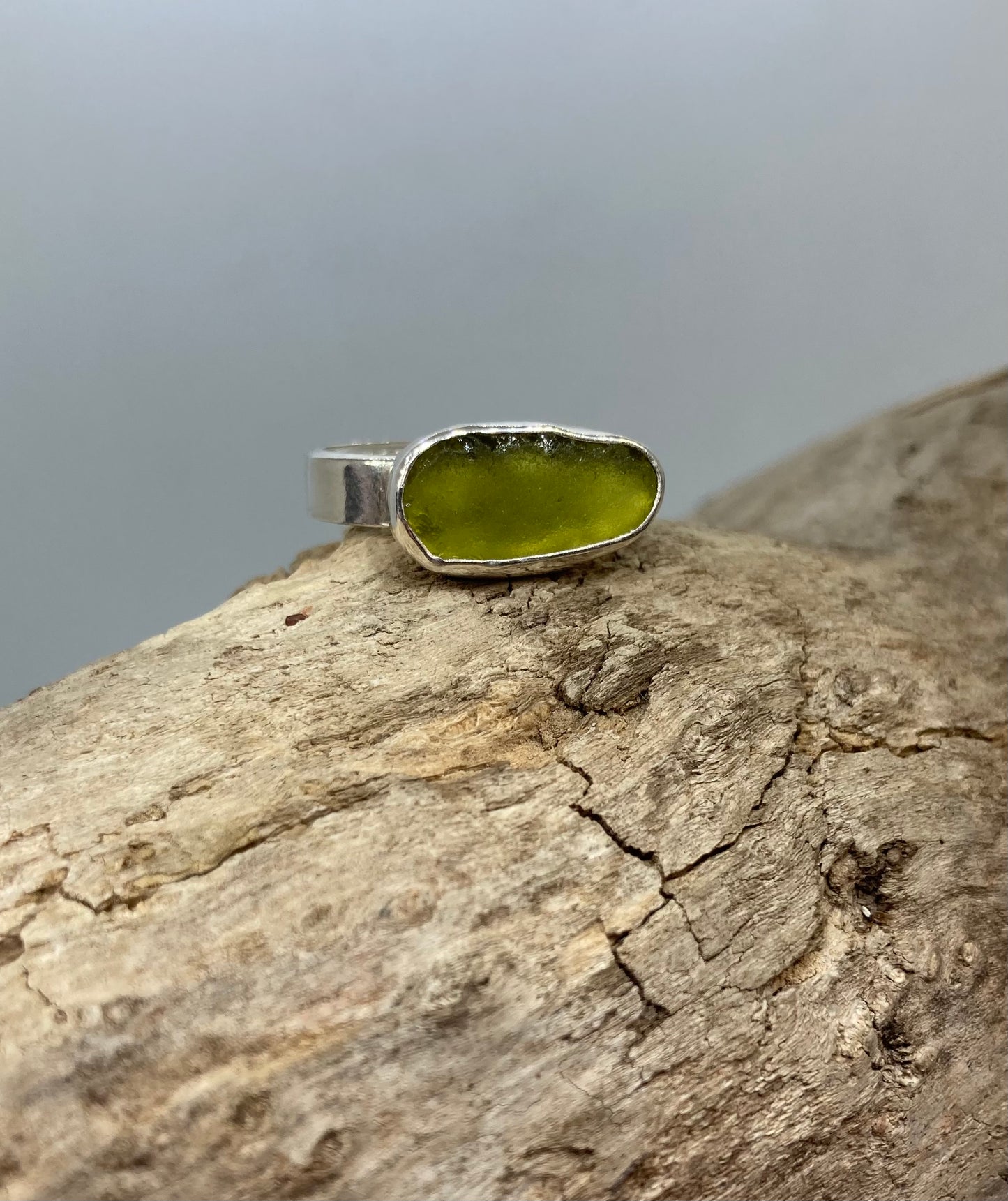 Light olive green sea glass ring UK size O1/2