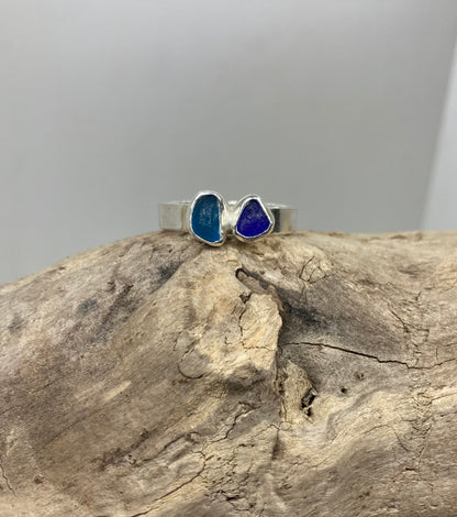 Shades of blue sea glass ring UK size S1/2