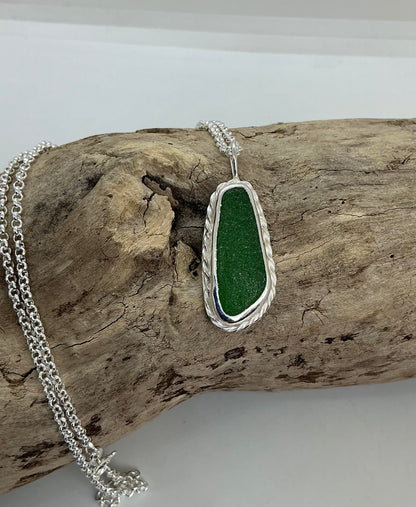 Chunky bright green sea glass pendant